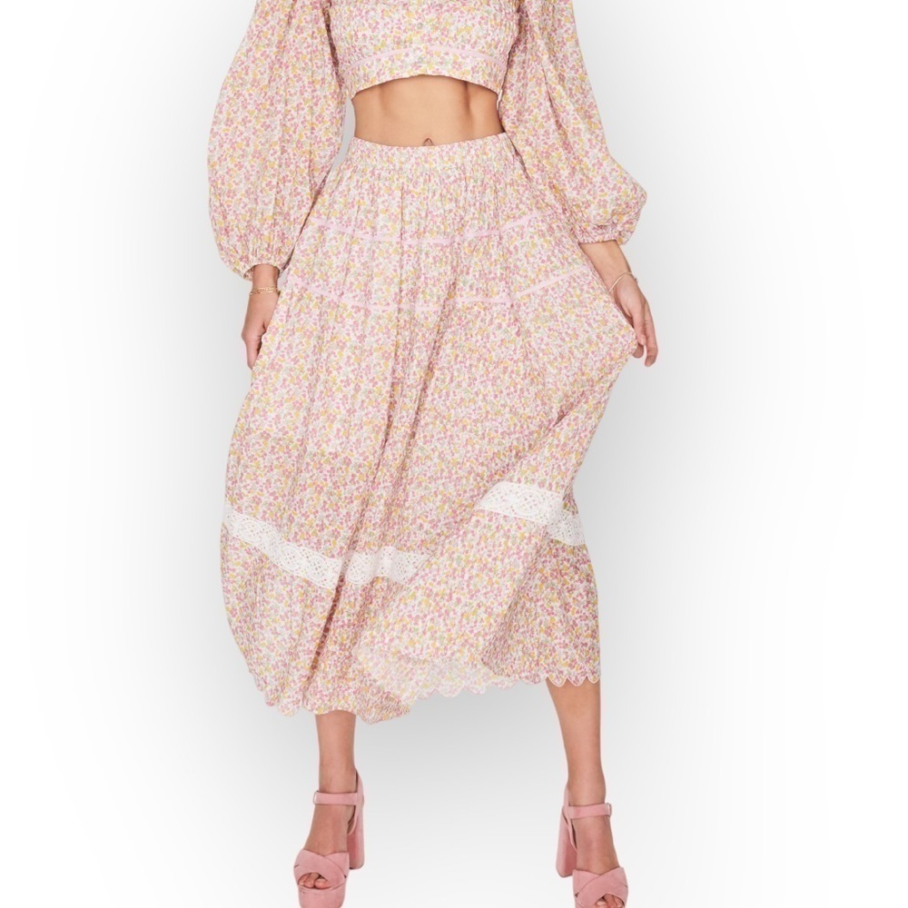 Loveshackfancy Saratoga Floral Cotton Midi Skirt, Size XS, Fruity punch, Pink